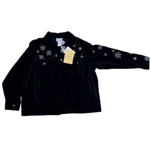 Quaker Factory Blk Velvet Snow Flakes Snowman Christmas Jacket Vintage 2X NWT